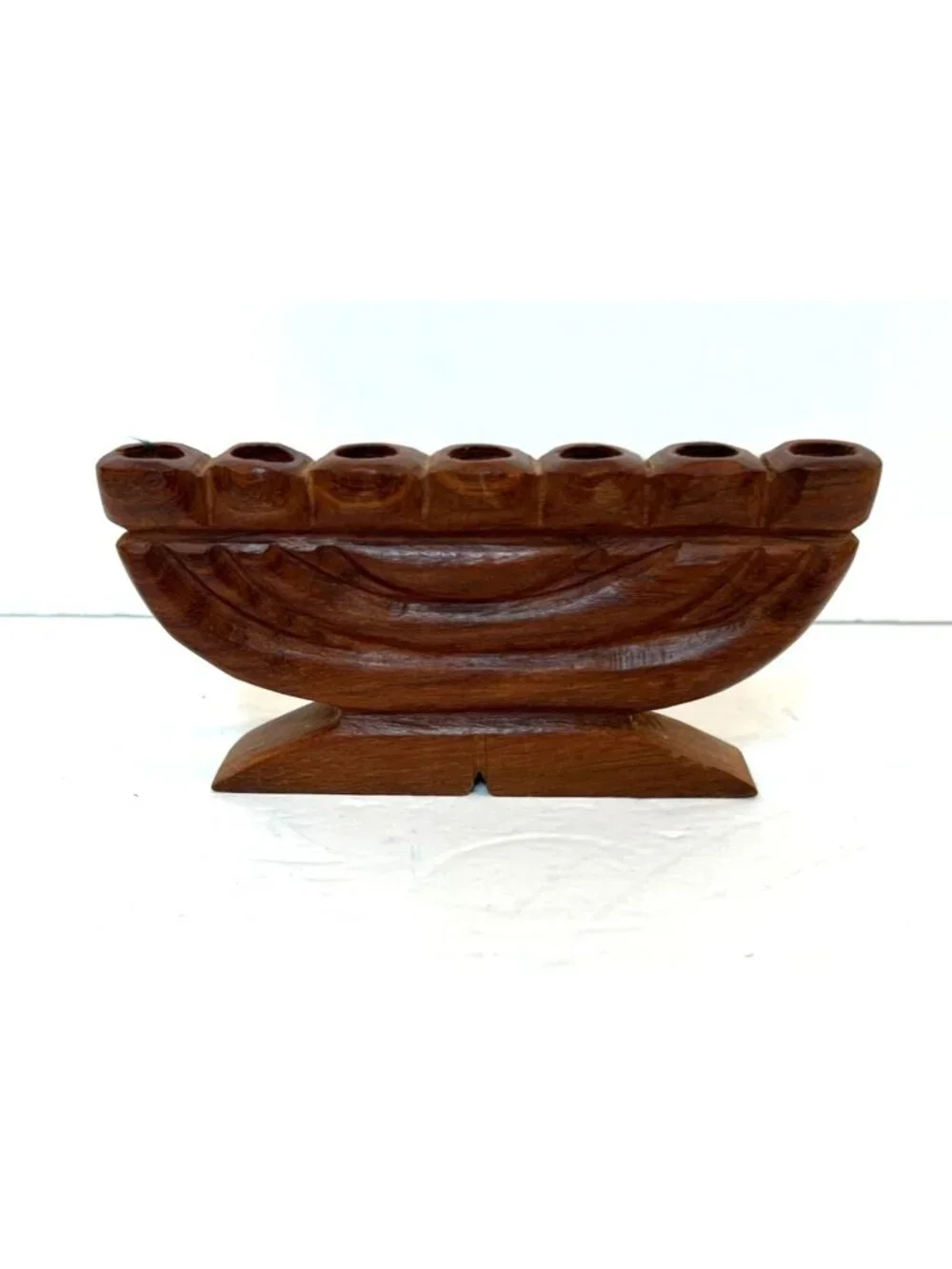 Hand-Carved Wooden Menorah 7 Candle Slots Rustic Brown Finish 6